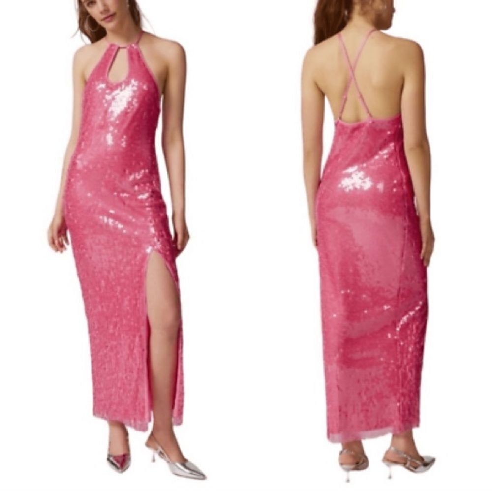 Urban Outfitters UO Harley Pink Sequin Halter Maxi Dress Slit M